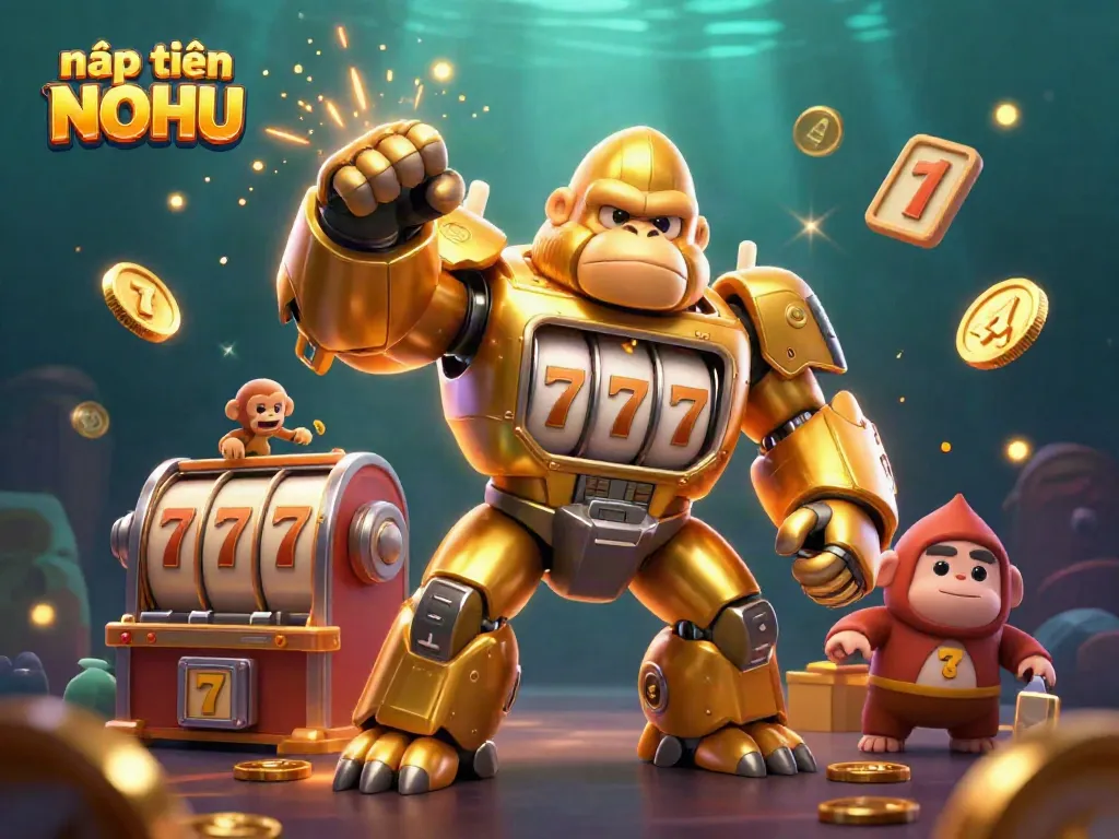 Experience nạp tiền NOHU with a vibrant 3D illustration showcasing a dynamic golden gorilla mech symbolizing casino excitement.