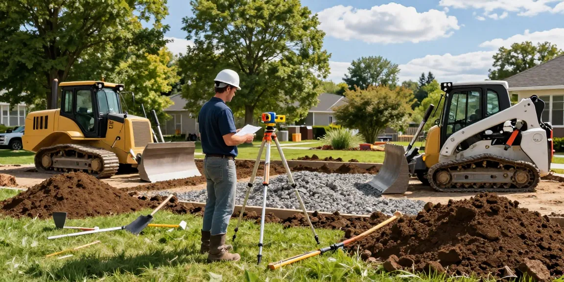 Contractor grading Ottawa yard with heavy-duty equipment and tools.