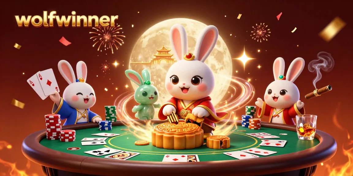 Enjoy the excitement of wolfwinner as the moon rabbit celebrates with poker chips and casino elements.