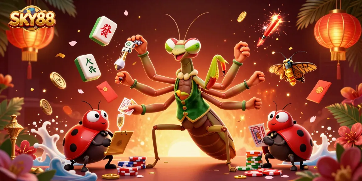 Engage in thrilling gameplay at SKY88 with a vibrant 3D casino illustration featuring dynamic casino characters and elements.