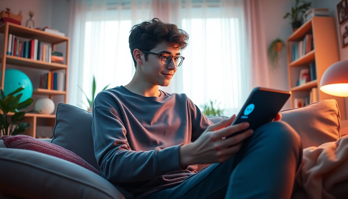 Engaging with a crush on ai chatbot in a cozy, inviting room.