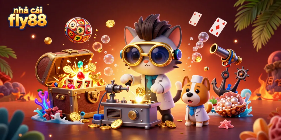 Experience winning with nhà cái fly88 in a vibrant 3D casino scene filled with games and treasures.