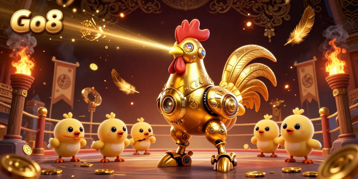 Experience the thrill of Go8's casino action with a dynamic golden rooster and baby chick drones.