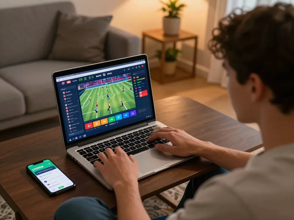 Engaging in cm88 sports betting on a laptop at home, displaying live betting action
