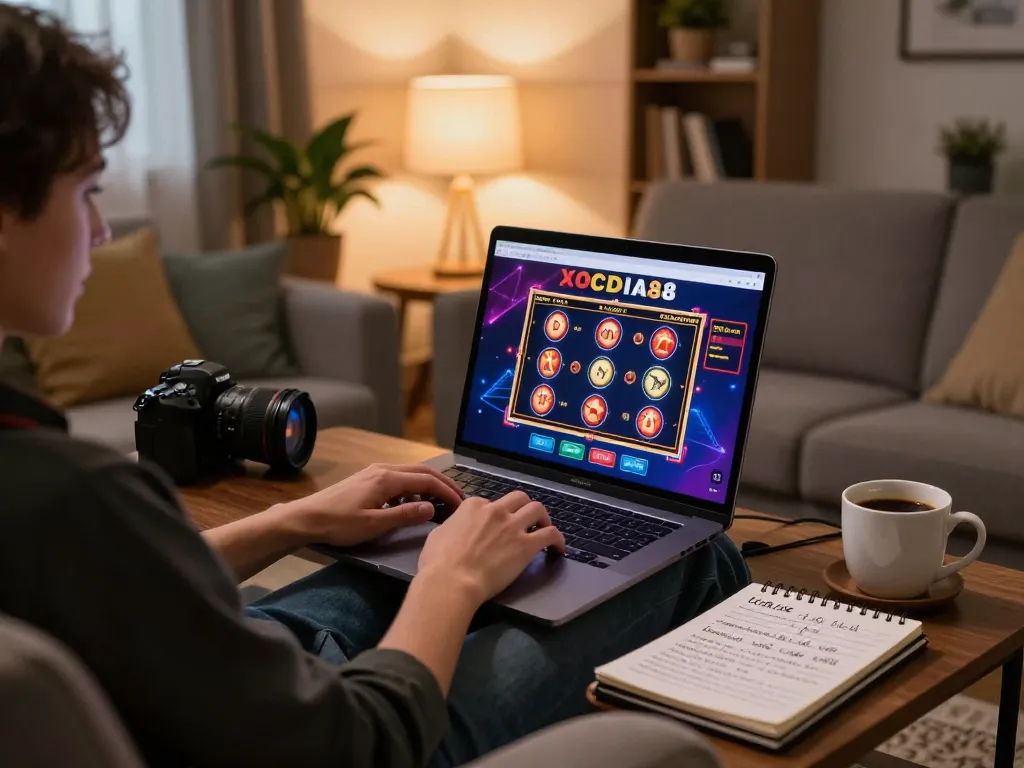 Engaging with XOCDIA88 online casino from home, showcasing strategic gameplay with vibrant slot game graphics.