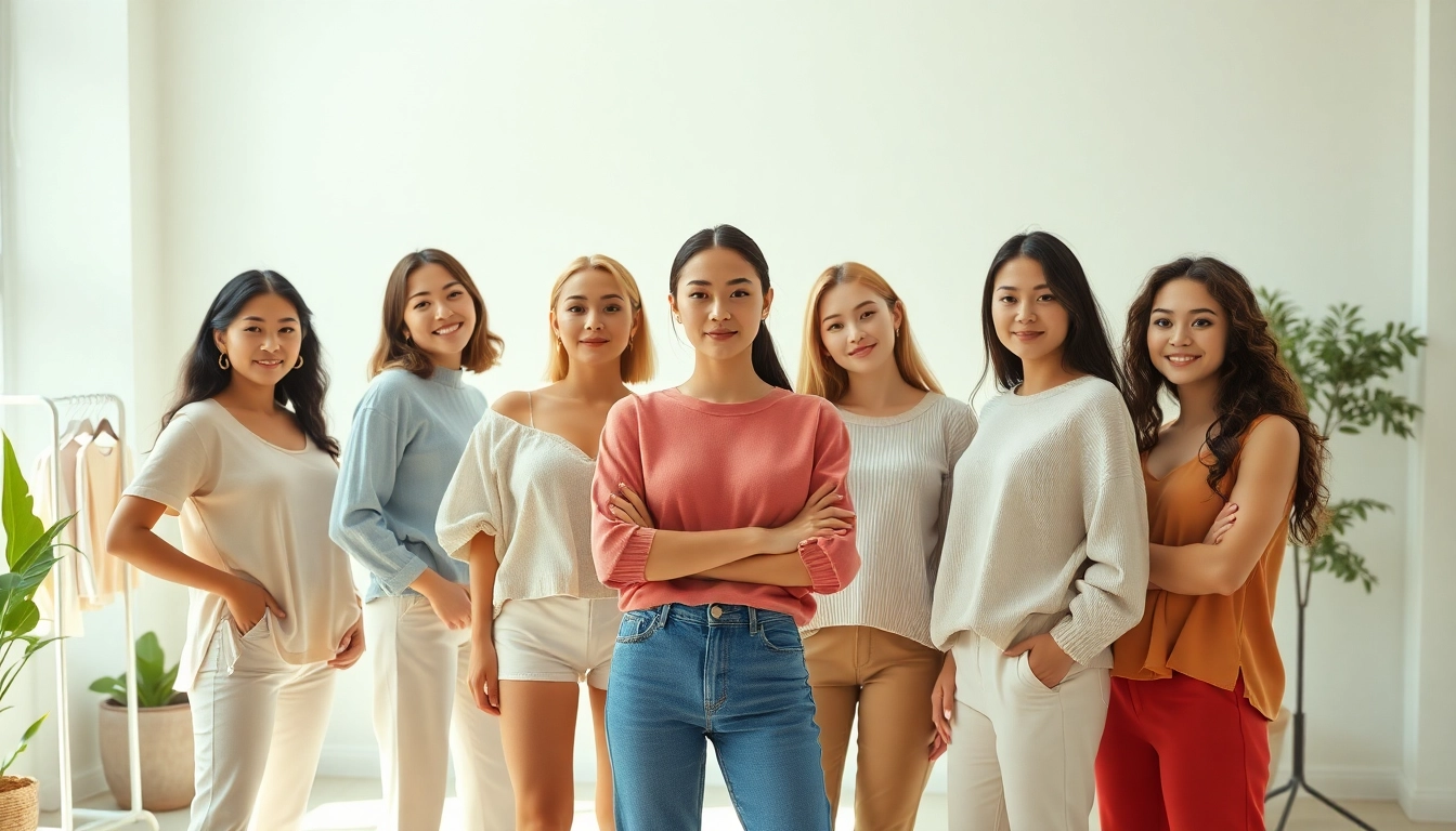 Showcasing women’s clothing manufacturer styles in a bright studio with models.