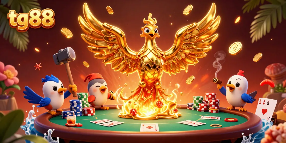 Experience the thrill of tg88 in a vibrant 3D casino scene with golden phoenix and poker elements.