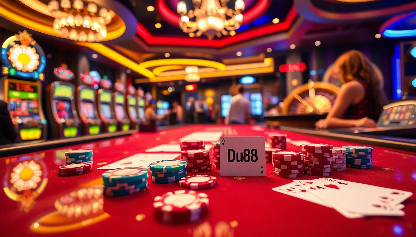 Experience the excitement of Du88 with poker chips and cards at a vibrant casino table.