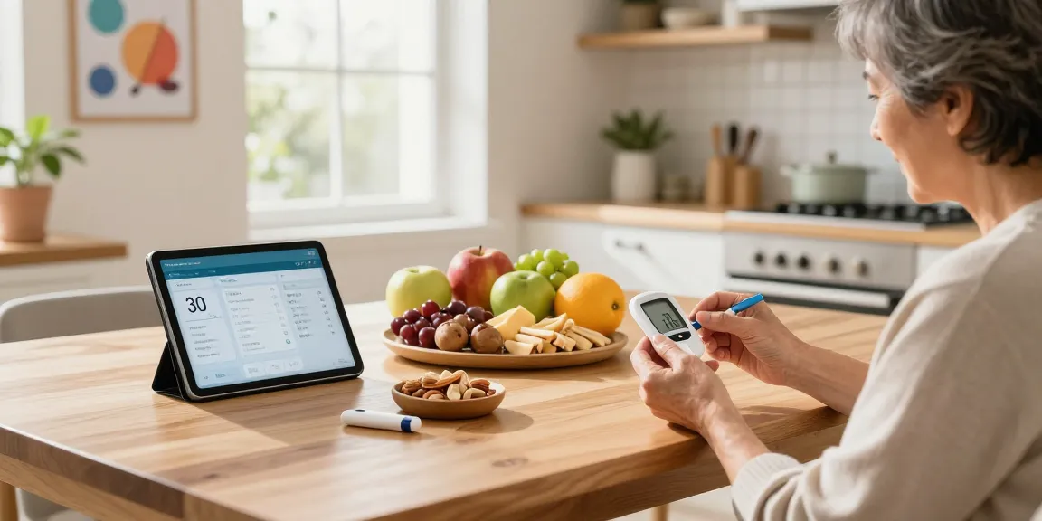 Person using a diabetes glucometer to monitor blood sugar levels with healthy snacks nearby.