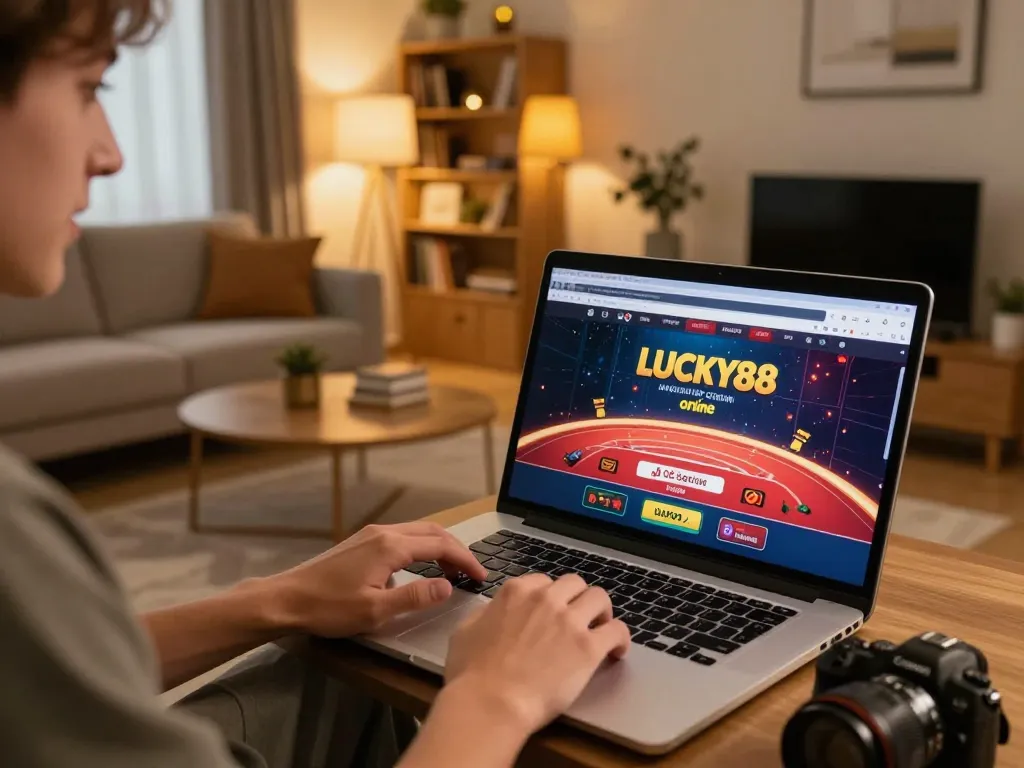 Player enjoying LUCKY88 online casino games from home, focused on gameplay excitement.