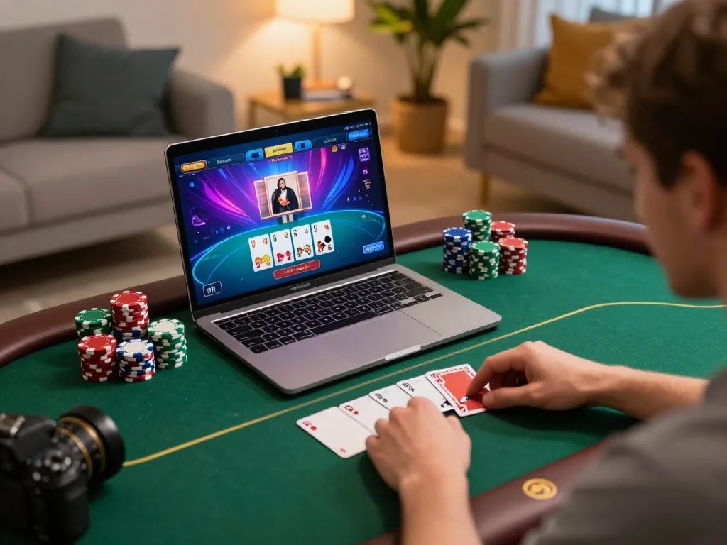 Rik88 player immersing in online poker strategy while gaming from home, vibrant setup with chips visible.