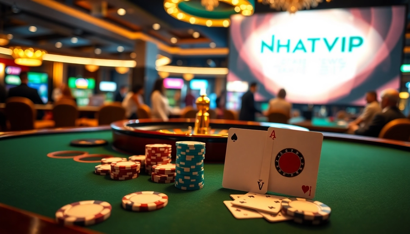 NhatVIP enhances the gaming experience with professional poker setups and vibrant casino elements.