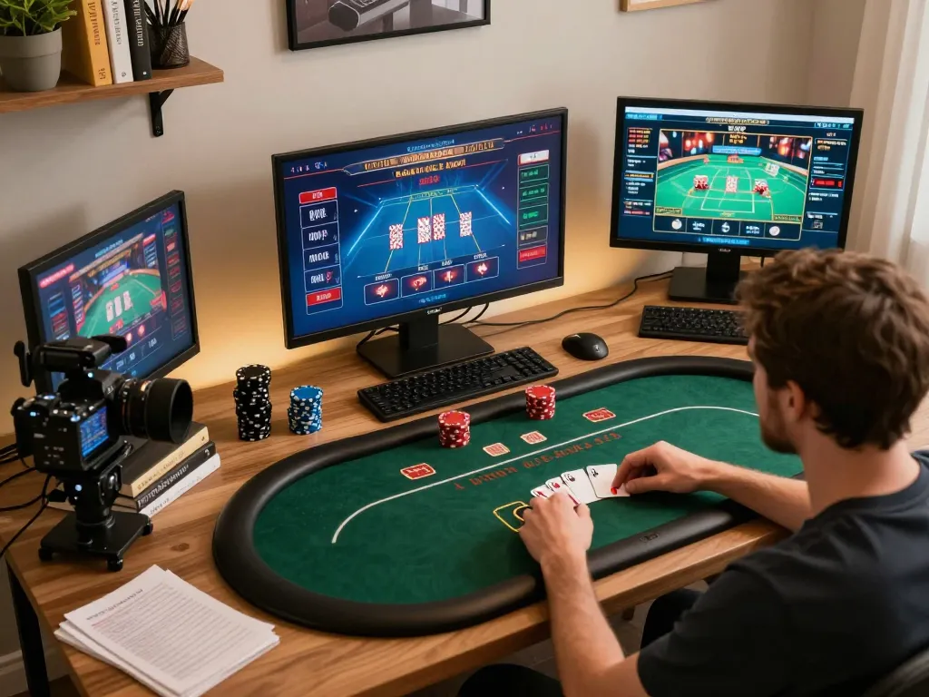 Player strategizing in their online casino setup while using 13win-asia for engaging poker.