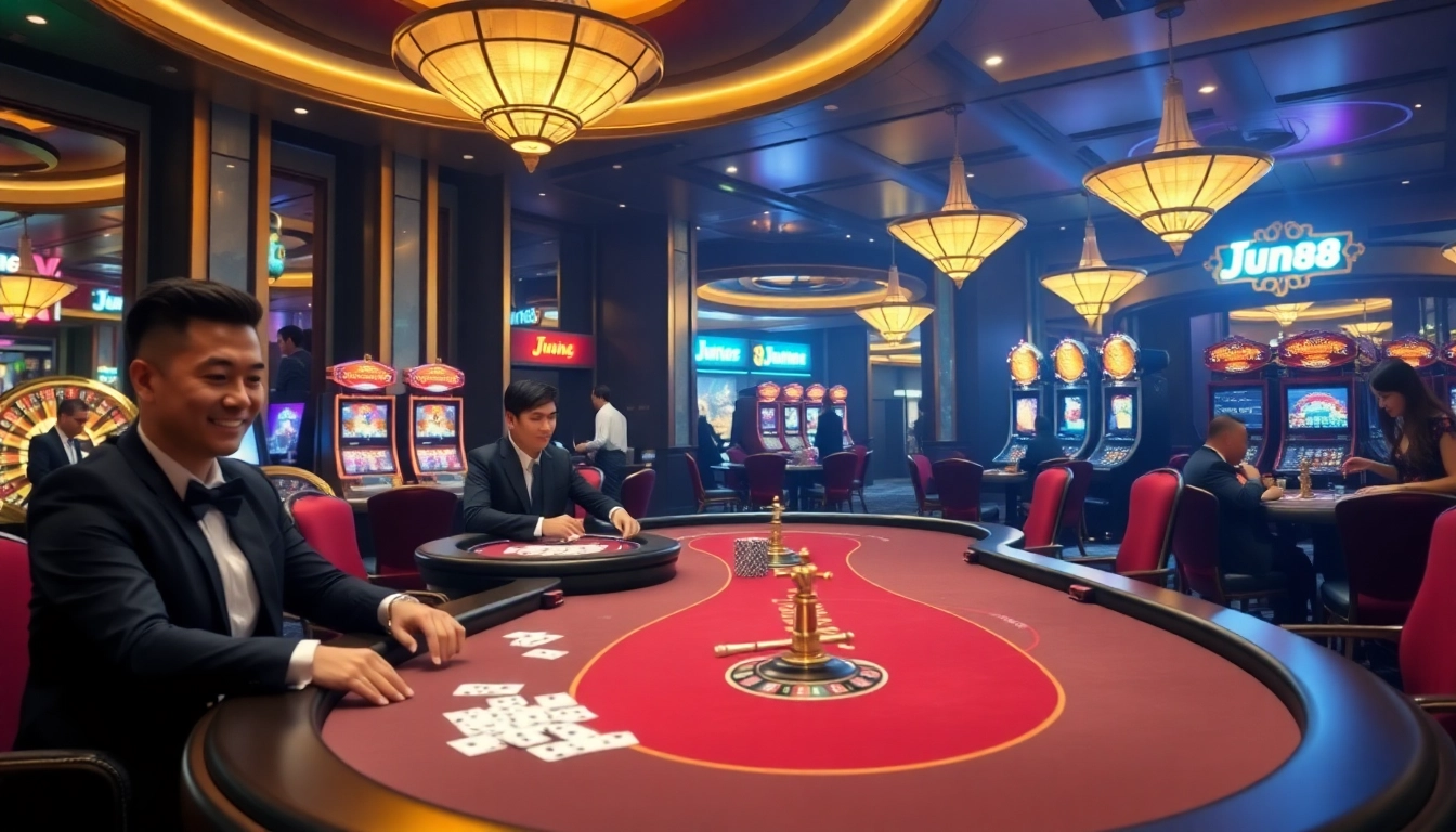 High-stakes poker interaction at Jun88 casino, showcasing excitement and elegance.