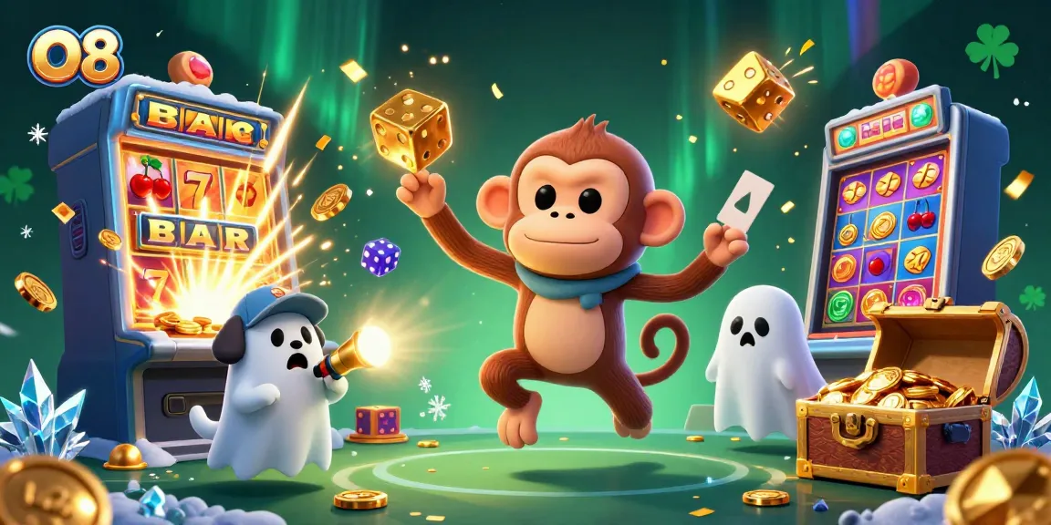 Experience thrilling wins at O8 with the lively ghost-hunter puppy and the mischievous monkey in a vibrant casino scene.