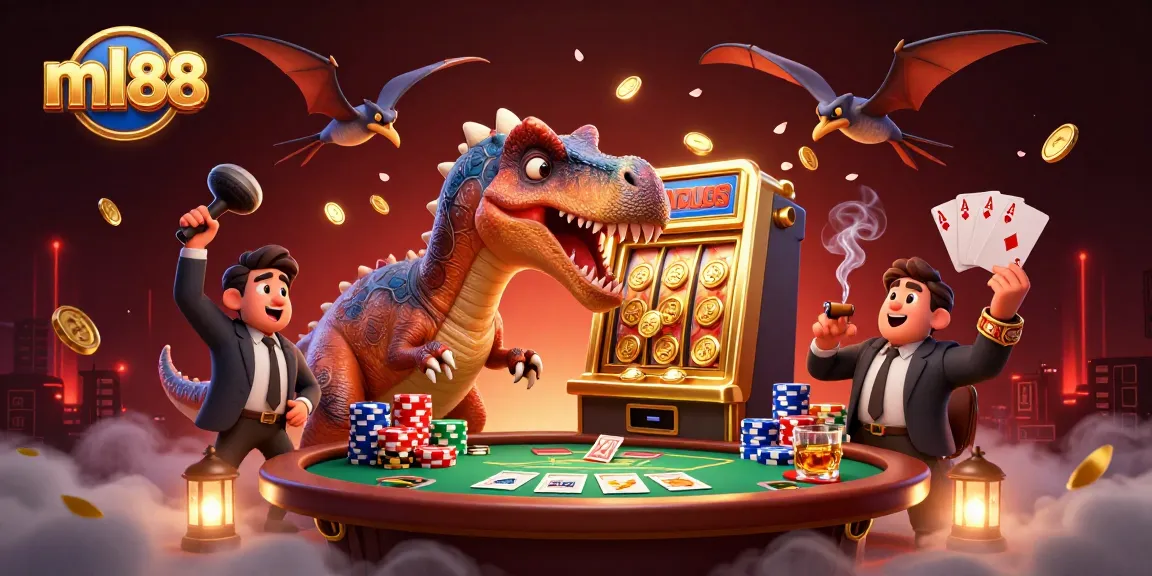 ML88 casino excitement with a dinosaur jackpot win, surrounded by poker chaos and gold coins