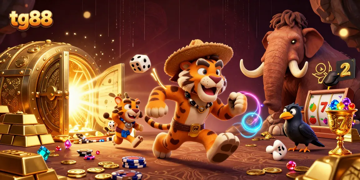 tg88 casino adventure featuring a caveman, sabertooth tiger, and a clever crow amidst vibrant slot game elements.