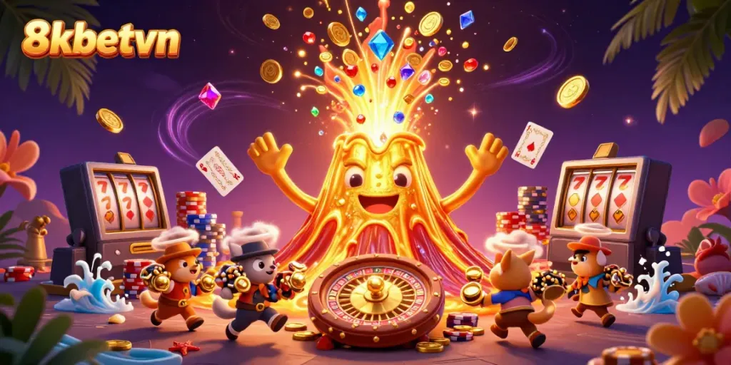 Experience the thrill of 8xbetvn as the golden volcano erupts with treasures amidst a vibrant casino scene.