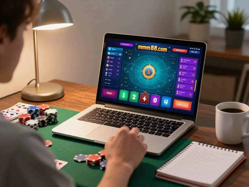 Playing online poker at home using https://www.mnm88.com/, showcasing strategic gameplay with chips ready to bet.