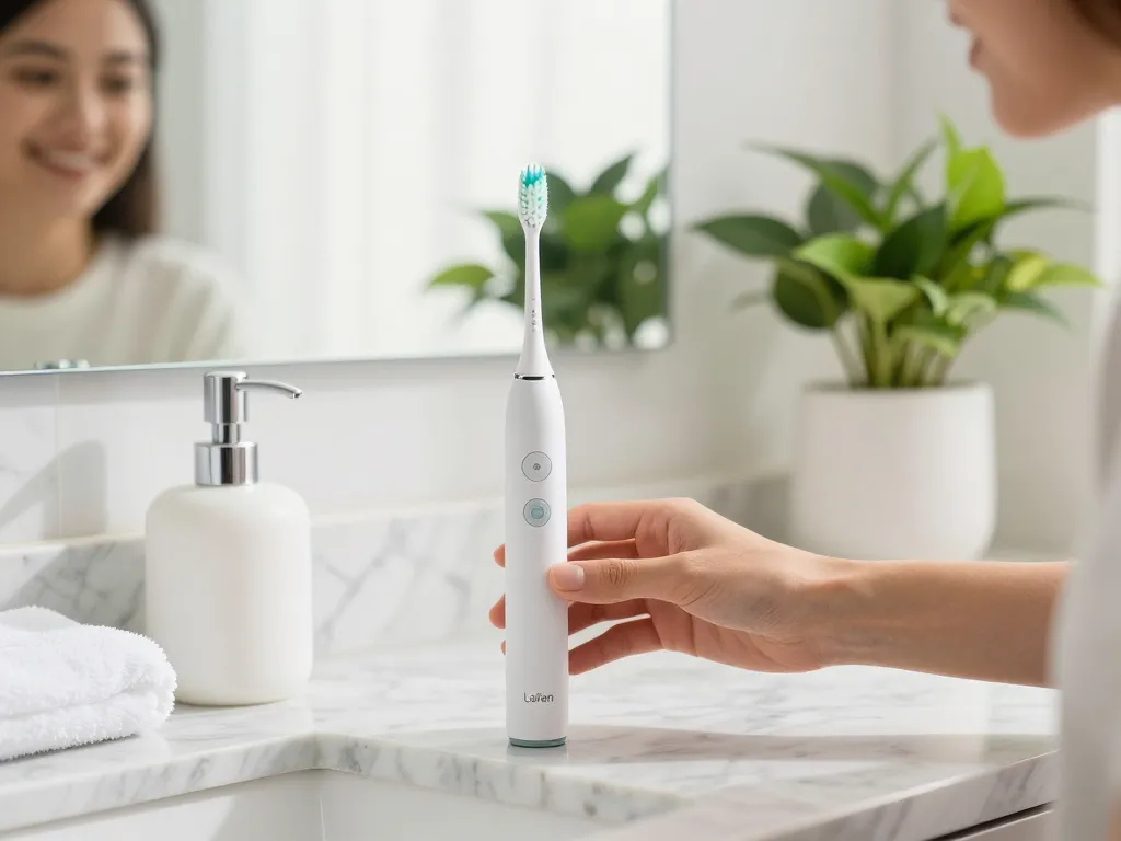 Laifen electric toothbrush designed for effective oral care with ergonomic features in a bright bathroom.