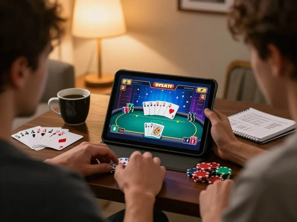 Join the thrilling online poker action with 78wim, as players strategize over tablet gameplay.
