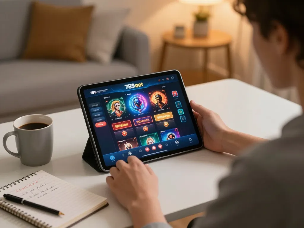 A player engaging with the 789 bet online casino interface in a cozy home setting with a tablet and notes.