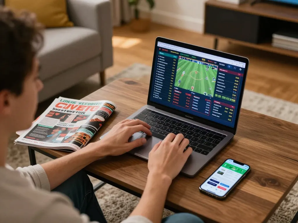 LC88 player analyzing sports bets on laptop, showcasing strategic betting environment