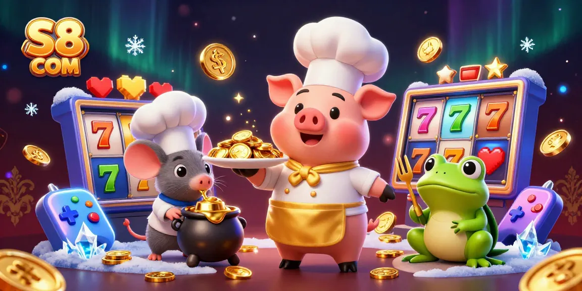S8 COM showcases a lively scene with a chef pig serving gold coins amidst vibrant slot reels and gaming elements.