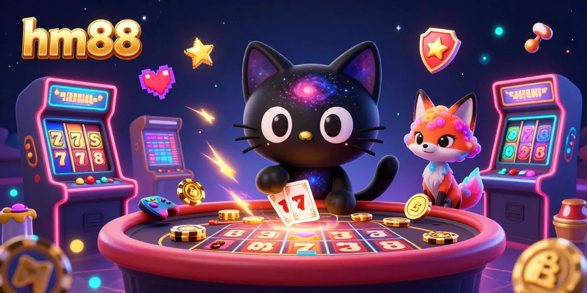 Engage with hm88's vibrant casino scene featuring a black hole cat and colorful nebula fox.