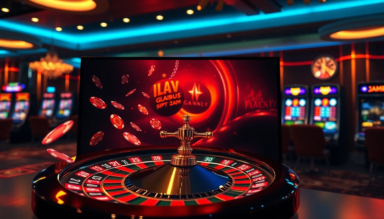 Engaging gambling scene on https://xx88tv.com/ showcasing a roulette wheel and bright slot machines.