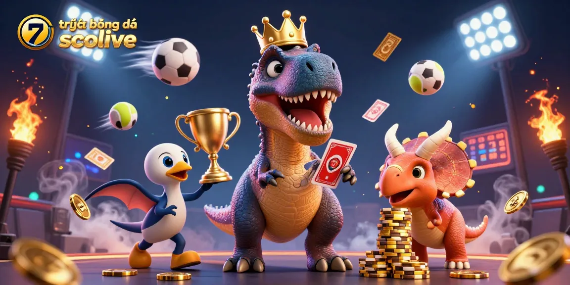 Experience trực tiếp bóng đá socolive with a vibrant 3D sports-themed scene featuring playful dinosaurs and dynamic game elements.