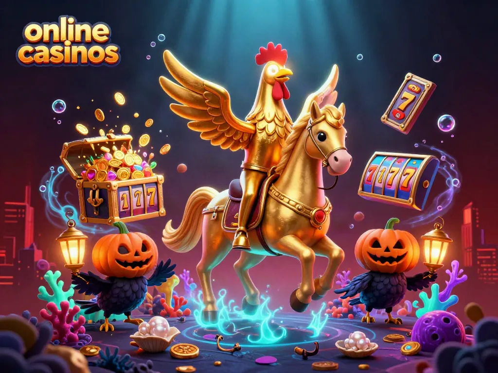 Engage with thrilling online casinos, witnessing a golden rooster and spectral horse in a casino backdrop.