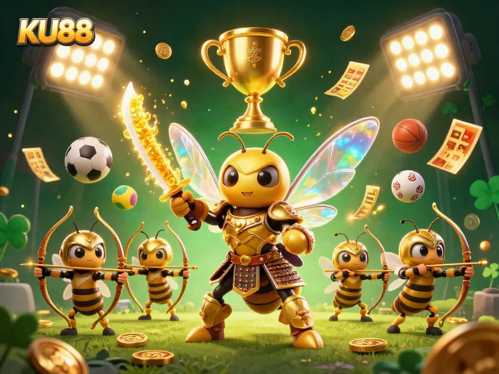 Experience thrilling gaming action with KU88's vibrant 3D illustration showcasing diverse sports elements and exciting casino features.