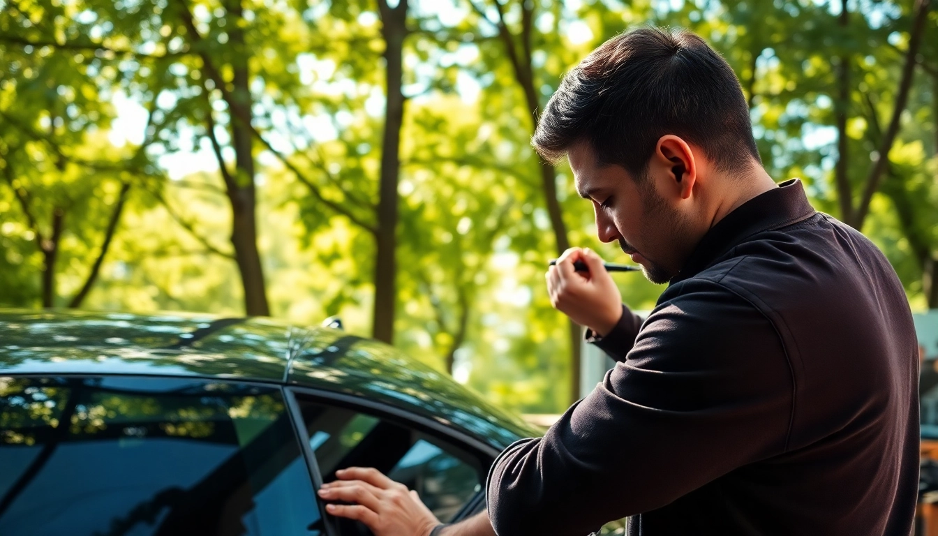 Applying ceramic window tint with precision and skill by an automotive technician.