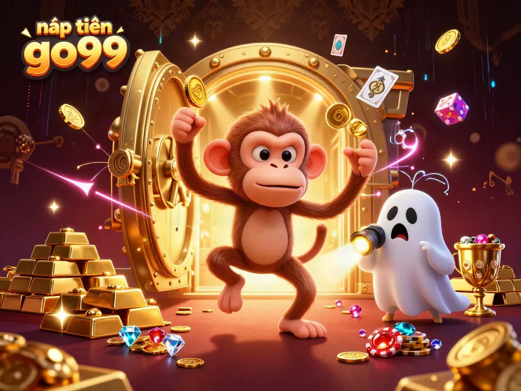 Exciting nạp tiền go99 illustration featuring a poltergeist monkey and ghost-hunter puppy in a vibrant casino scene.