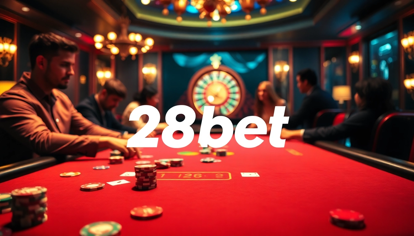Exciting poker game scene at 28bet with vibrant chips and cards amidst a luxurious casino atmosphere.