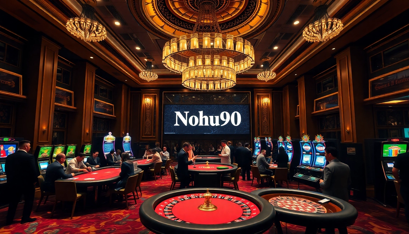 Nohu90 đăng nhập at a luxurious casino with vibrant gaming tables and excited players