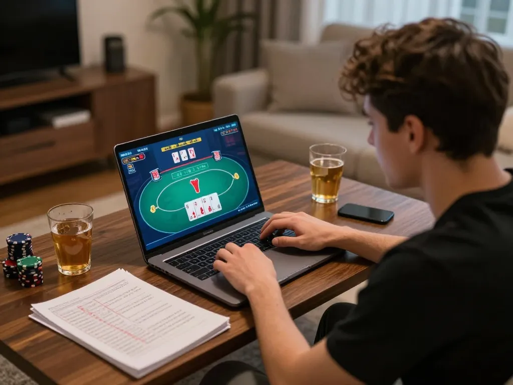 Fun79 online poker game setup at home with strategic notes and cozy ambiance