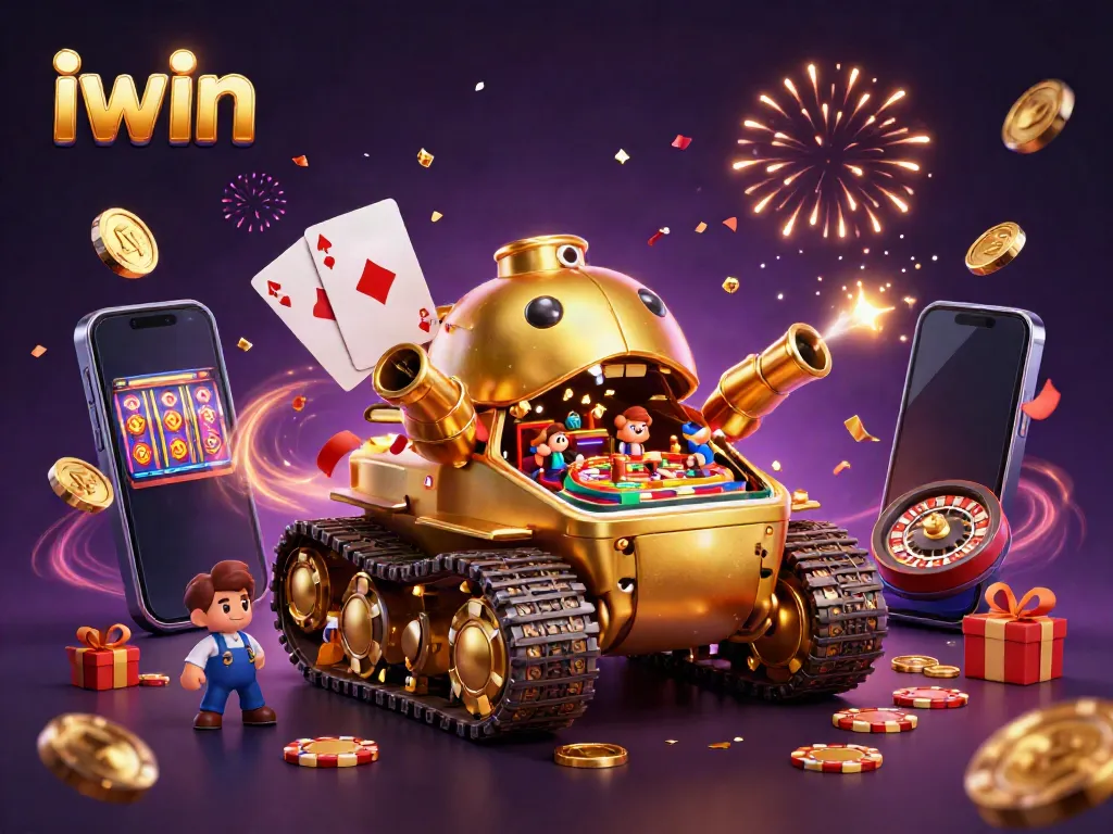 iwin showcases a vibrant casino scene with a golden beetle tank and colorful slot games.