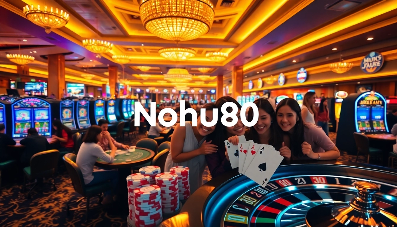 Nohu90 players celebrating a slot win amidst vibrant casino games and luxurious decor.