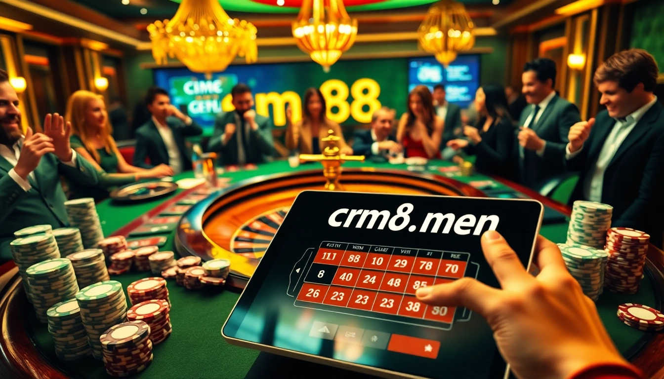 Gambling excitement at a luxurious casino with cm88.men elements, featuring roulette and poker action.