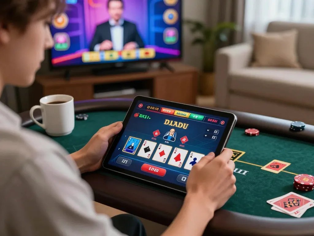 Experience thrilling live blackjack gameplay with bcx88 on a tablet in a cozy home setting.