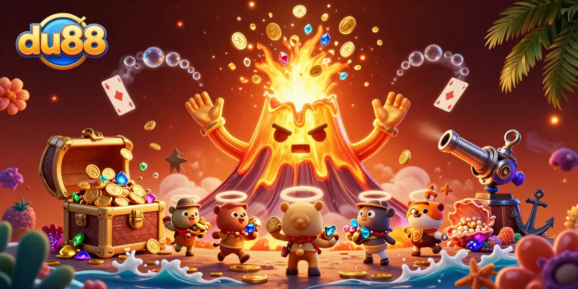 Experience thrilling wins at du88 with a golden volcano erupting treasures and lively characters in a vibrant casino setting.