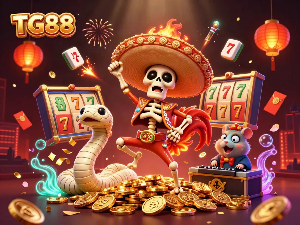 Experience the excitement of TG88 with a lively casino scene featuring vibrant characters and thematic elements.