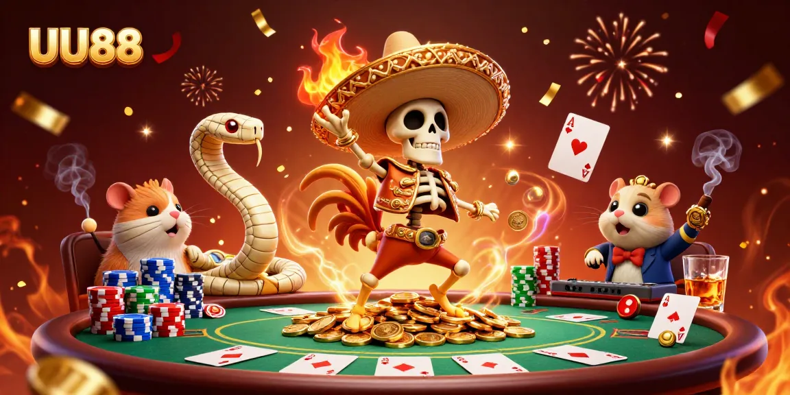 UU88 gameplay scene with a mariachi rooster and a zombie hamster DJ bringing the excitement of casino fun.