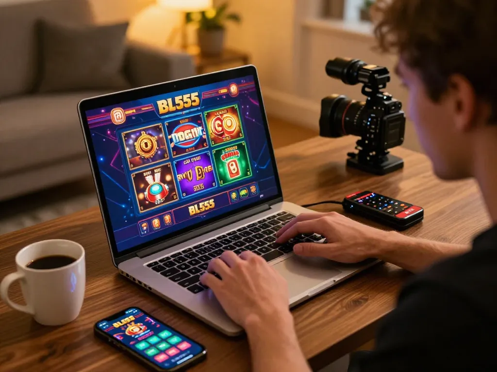 Engaging in online gambling at BL555 casino, showcasing vibrant game interface and modern gaming setup