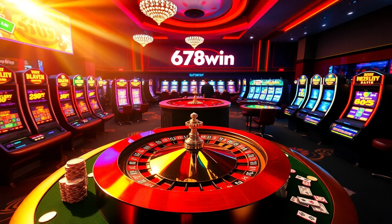 An engaging casino scene featuring 678win elements with roulette, poker tables, and vibrant slot machines.