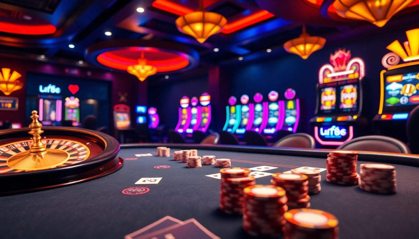 Experience excitement at a lavish casino showcasing lu88 poker games and roulette.