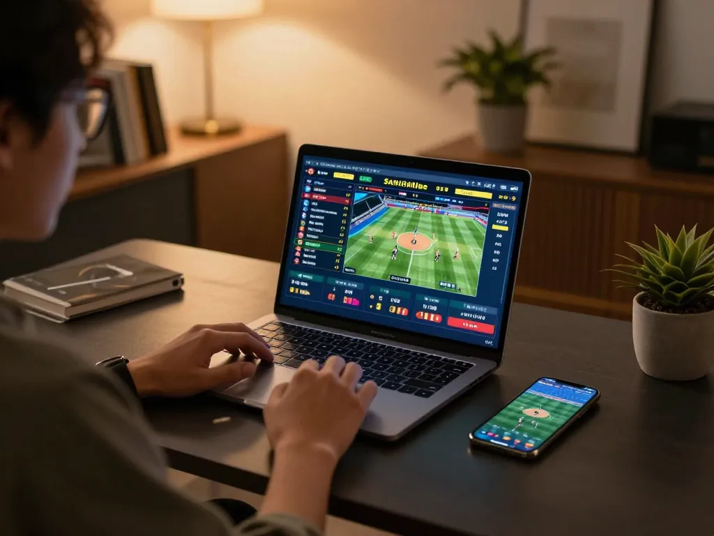 Sky88 player actively placing bets in a stylish home office during live sports events.