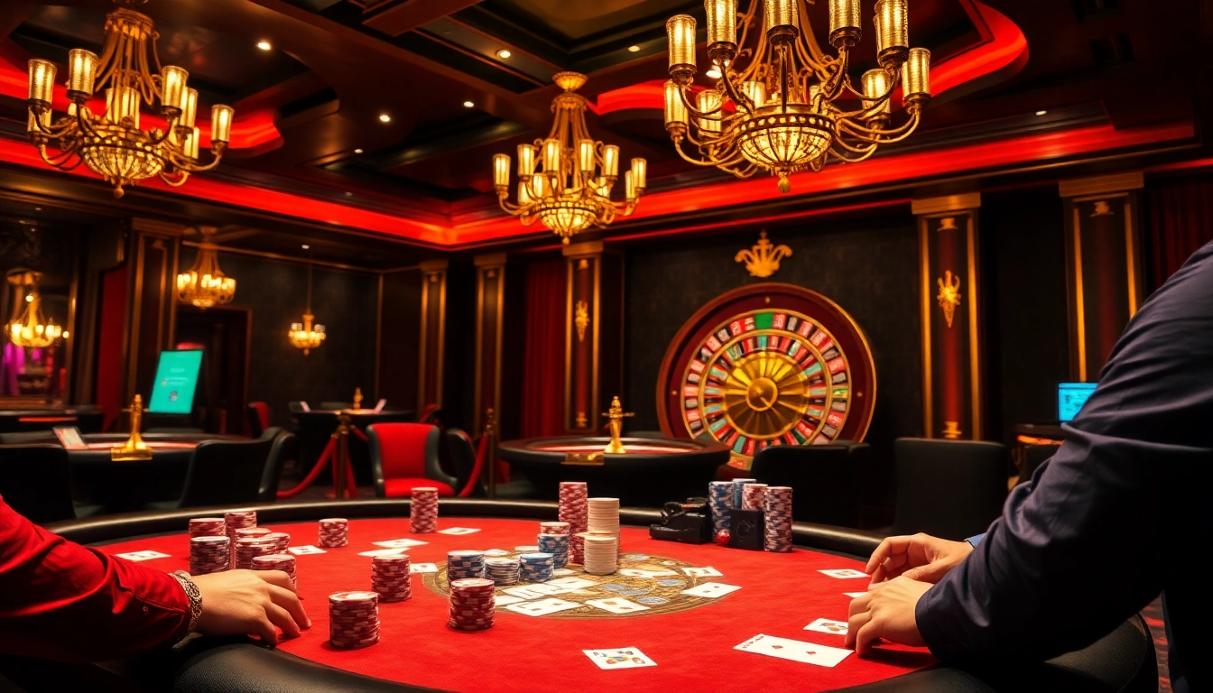 Experience thrilling poker action at Luongson's luxurious gambling scene with vibrant chips and intense gameplay.